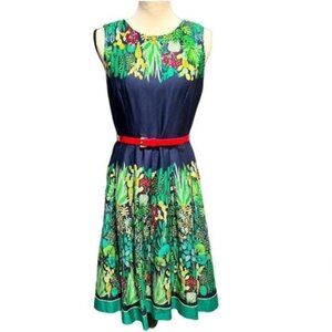 Floral Sleeveless Dress with Red Belt